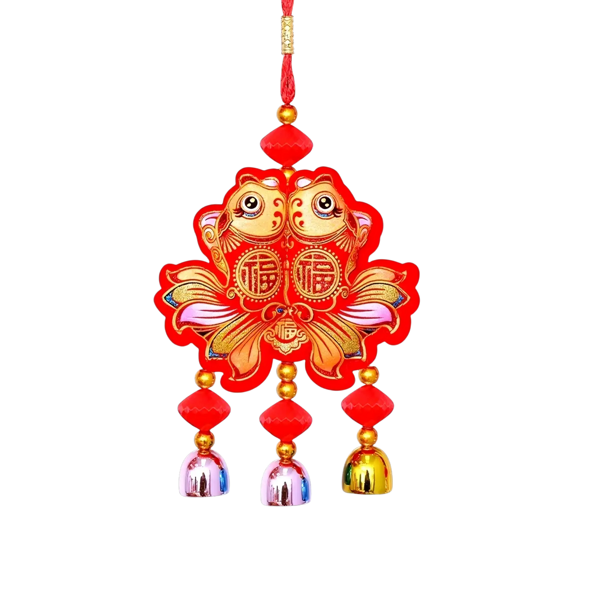 Red and gold chinese new year horse hanging ornament with two stylized fish and three colorful dangling bells