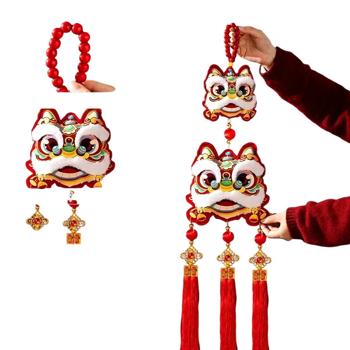 Red and gold gilded lion head hanging ornament with plush tassels for chinese new year festive horse decor