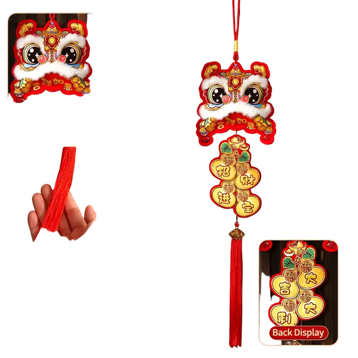 Red and gold embroidered lion head hanging ornament with tassel for chinese new year festive decor