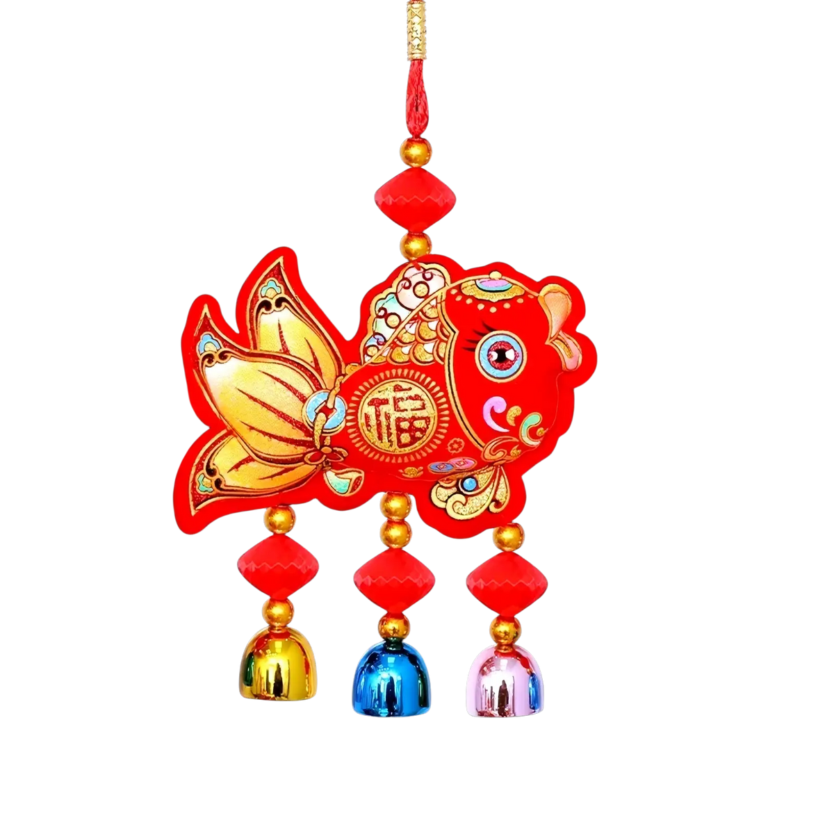 Red and gold embroidered fish-shaped chinese new year horse hanging ornament with festive tassel and dangling bells