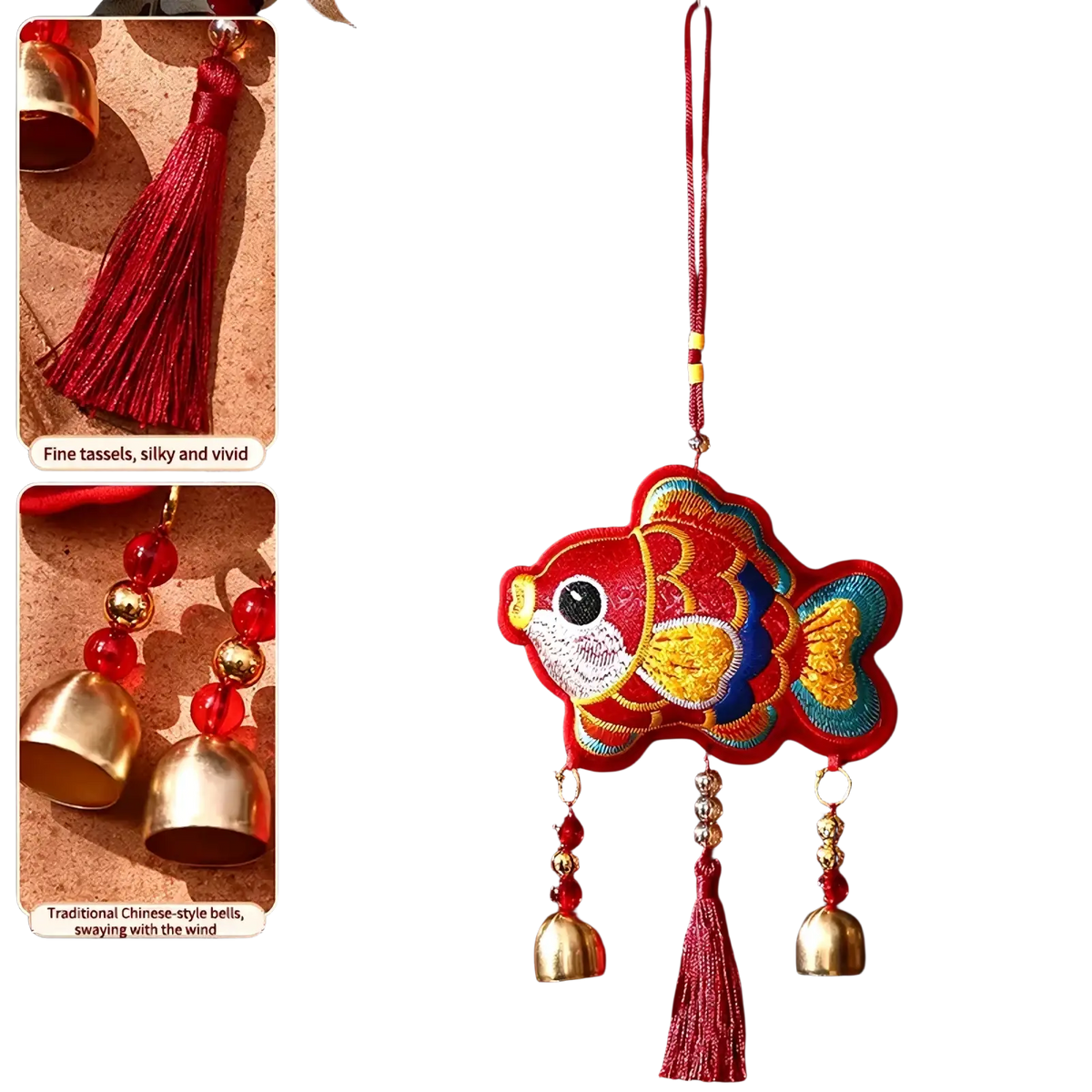 A vibrant red and gold embroidered fish ornament with dangling bells and tassels for Chinese New Year festive decor
