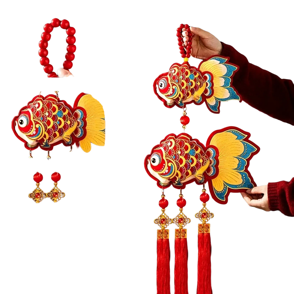 Vibrant red and gold gilded fish ornaments with yellow fins hanging from wooden bead ropes with plush tassels for chinese new year horse decor
