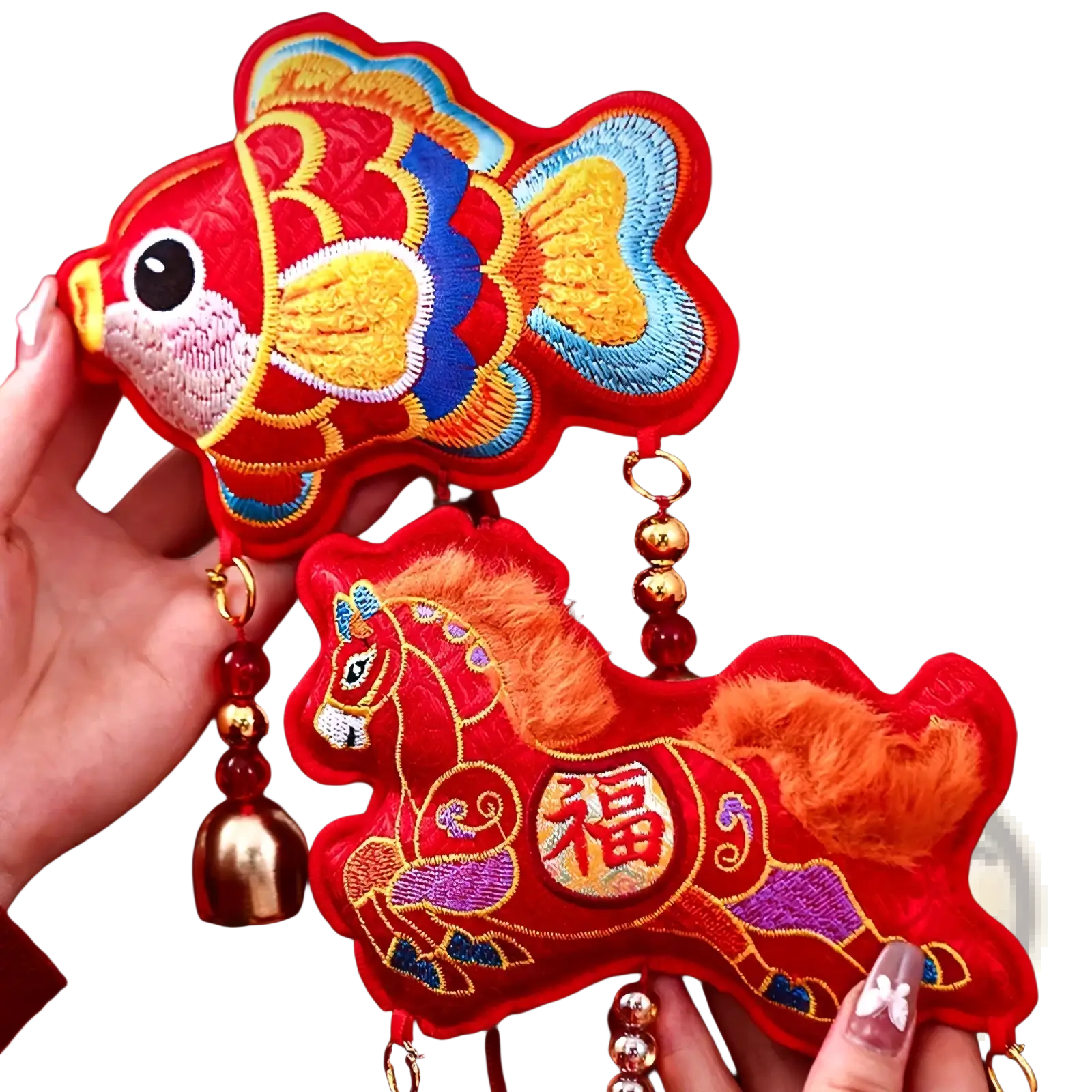 A vibrant red embroidered fish-shaped charm with intricate gold blue and yellow threadwork for chinese new year hanging decor