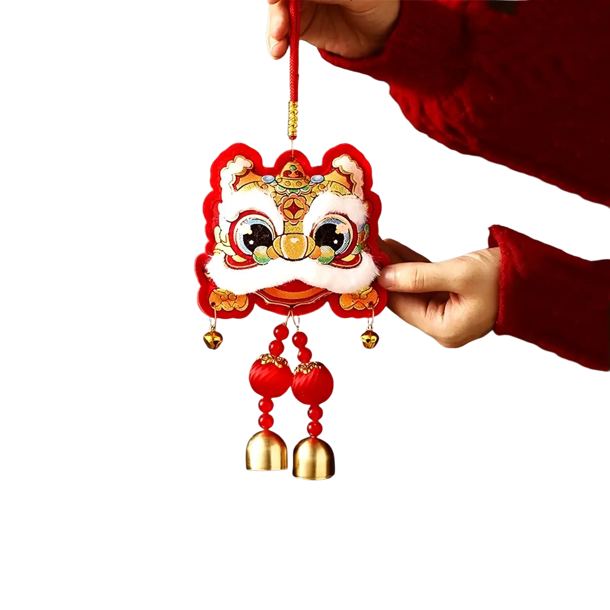 A vibrant red and gold embroidered Chinese New Year horse hanging ornament with bells and festive tassel decor