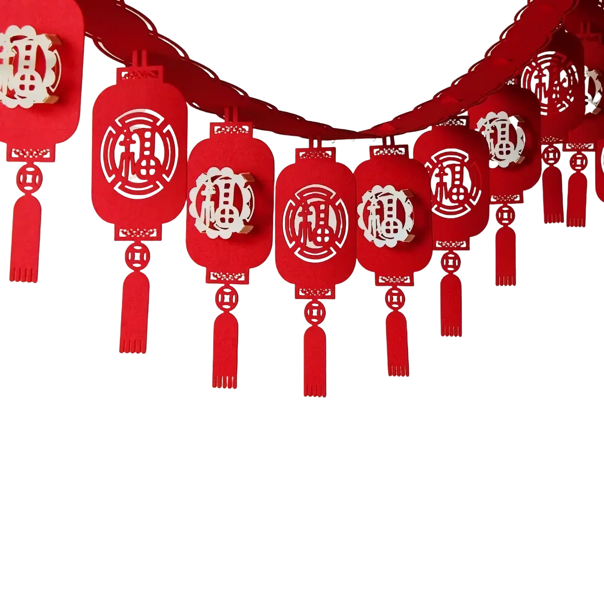 Red paper lantern garland with intricate white cut-out chinese characters and tassels for chinese new year decor