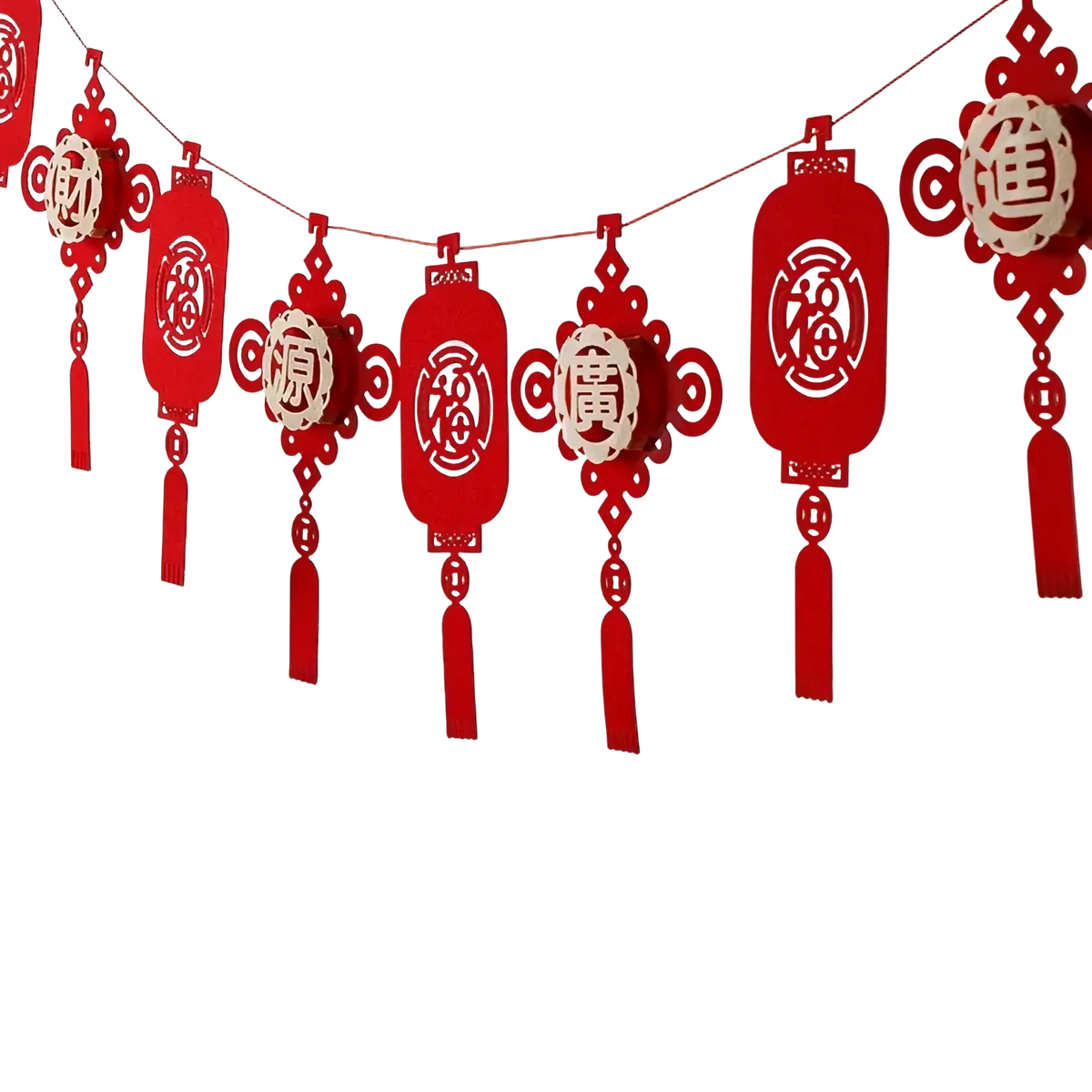 Red paper lantern garland with intricate cut-out chinese characters and tassels for chinese new year decor