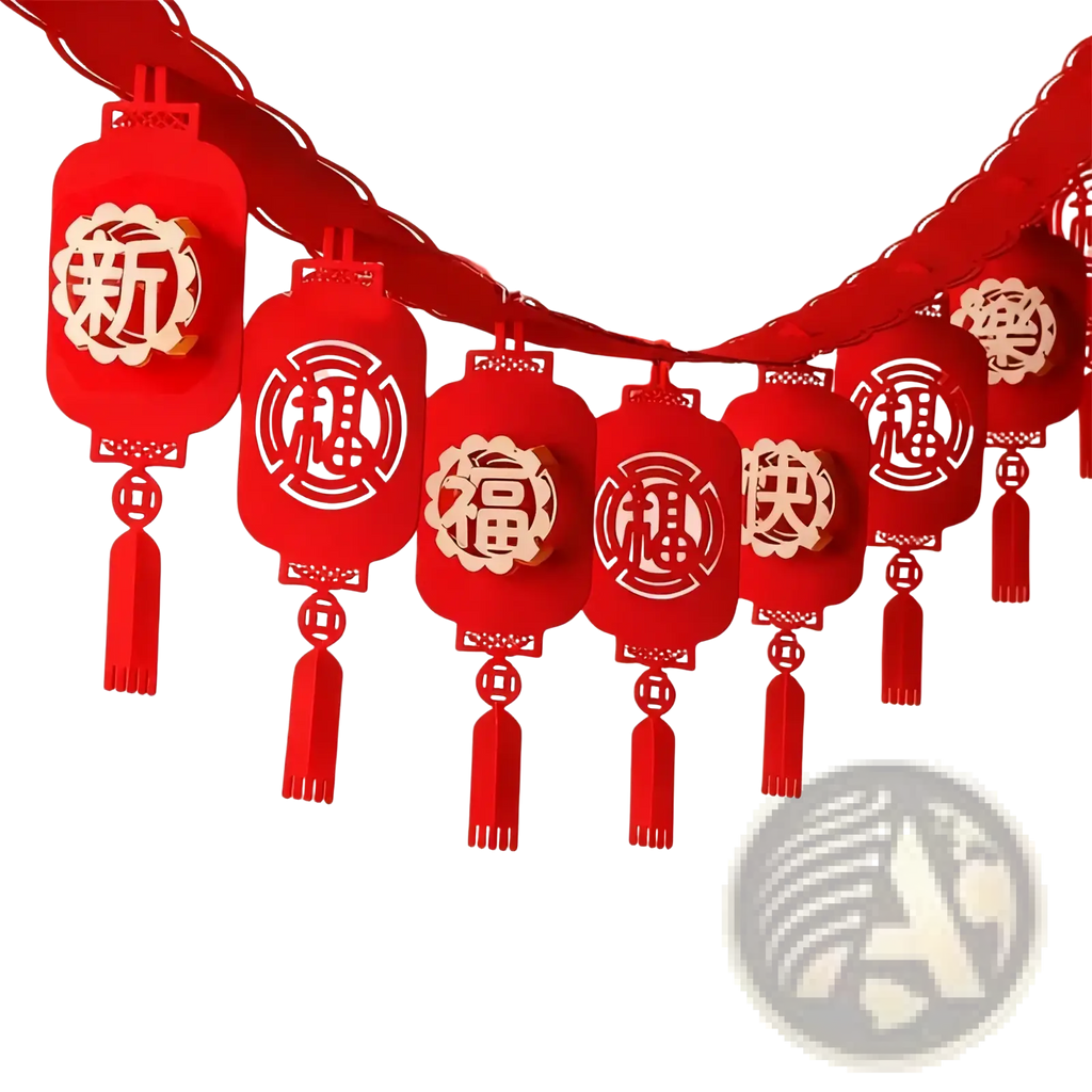 Red paper lantern garland with gold chinese characters and tassels for chinese new year lunar decor hanging pendant