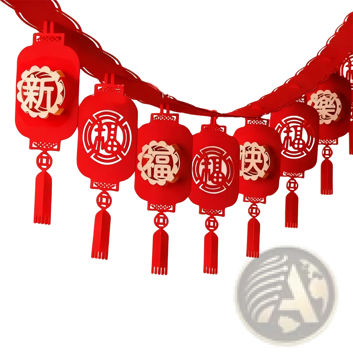 Red paper lantern garland with gold chinese characters and tassels for chinese new year lunar decor hanging pendant