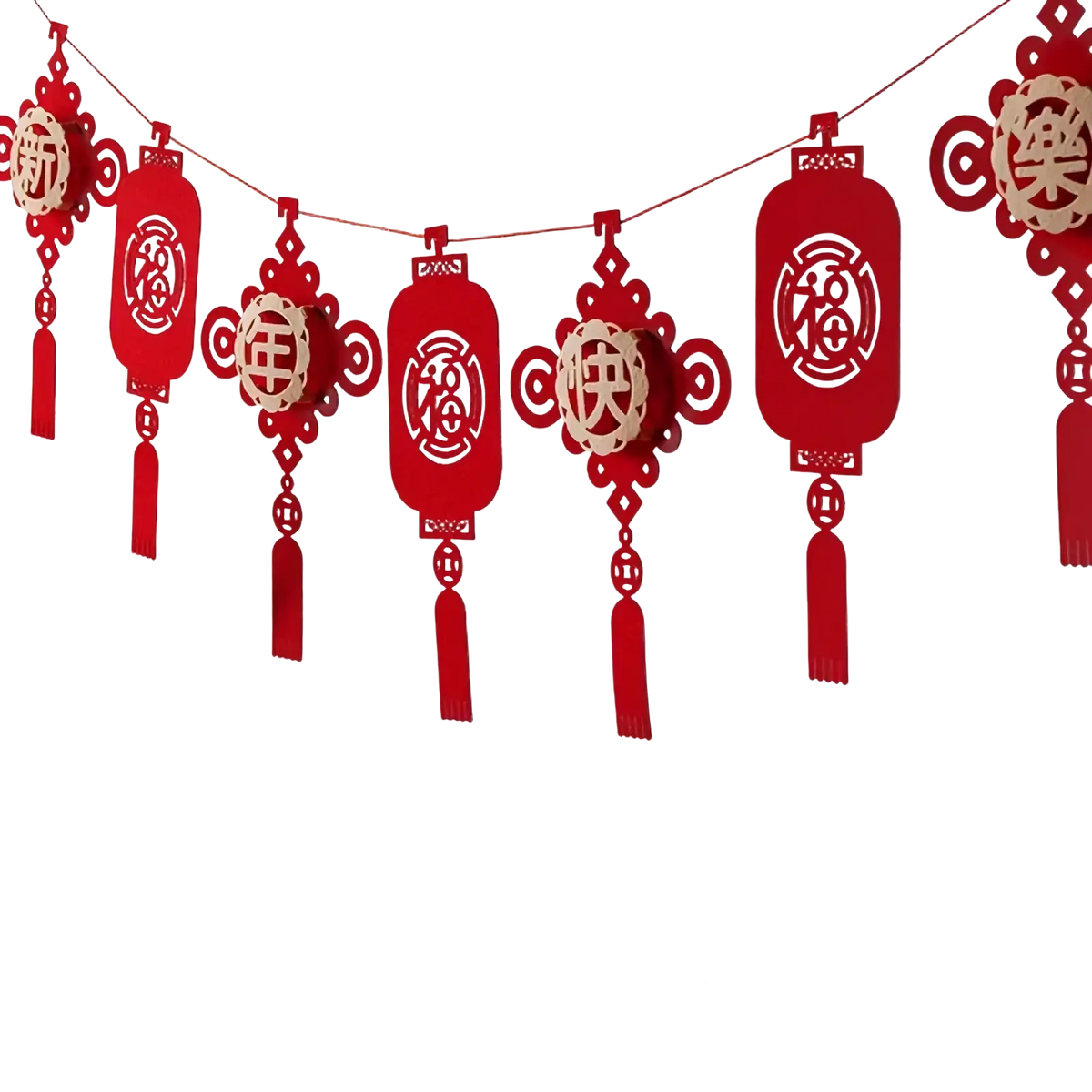 Red paper lantern garland with intricate cut-out chinese characters and tassels for chinese new year lunar decor
