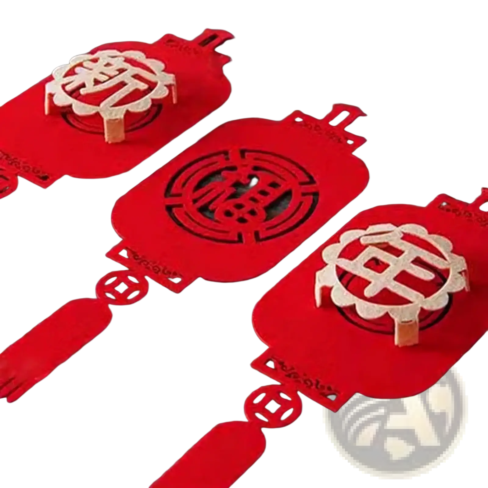 Red paper lantern hanging pendant with intricate chinese characters and wooden embellishments for lunar decor