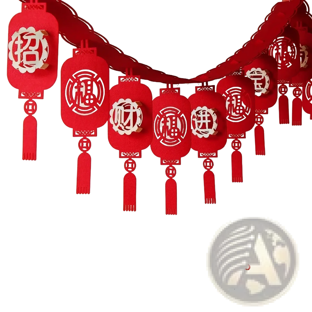 Red paper lantern garland with intricate Chinese characters and tassels for Chinese New Year lunar decor hanging pendant