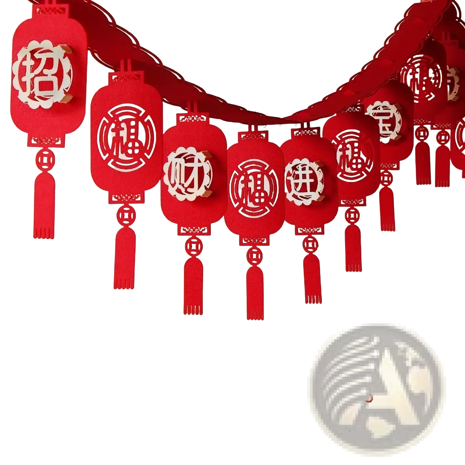 Red paper lantern garland with intricate Chinese characters and tassels for Chinese New Year lunar decor hanging pendant