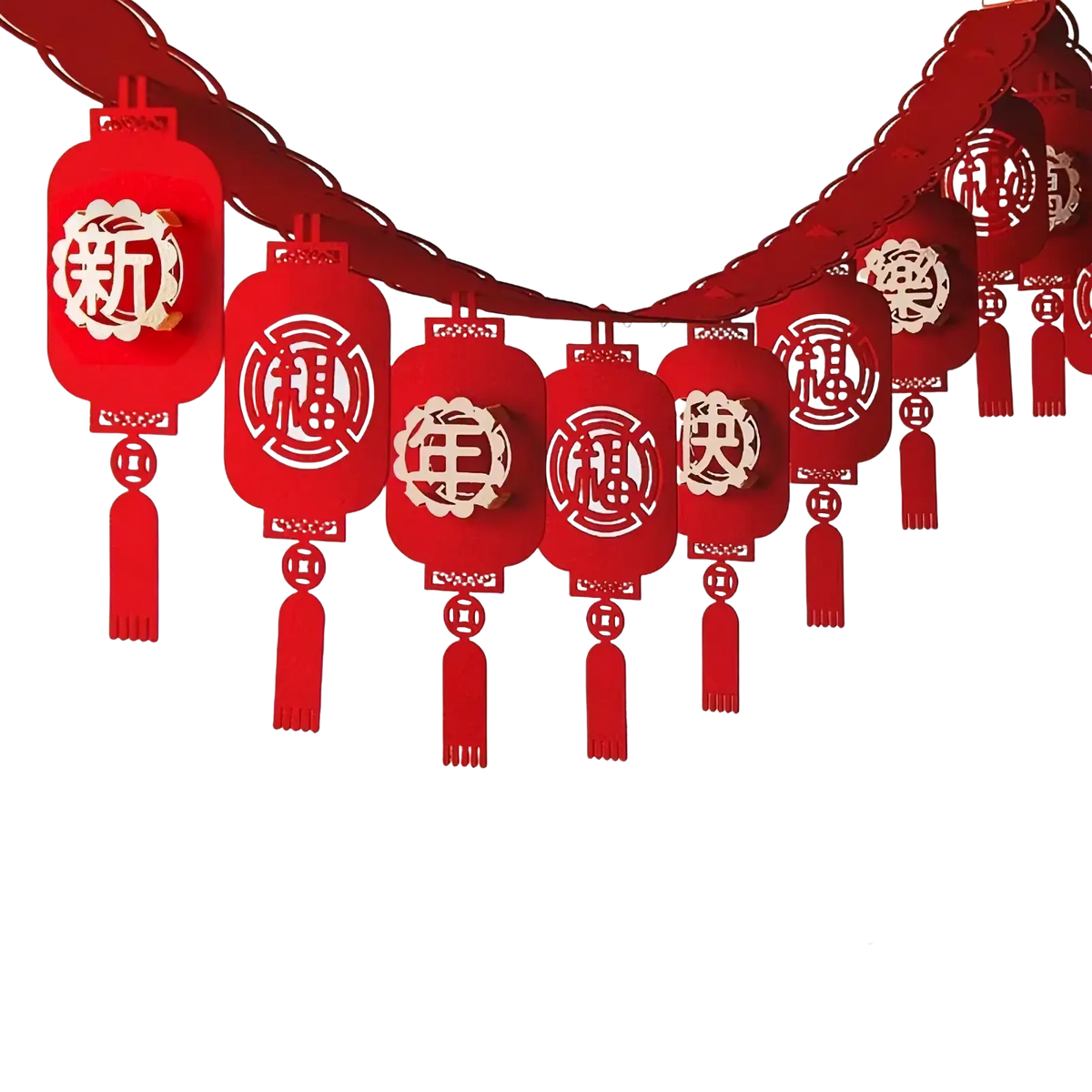Red paper-cut chinese lantern garland with intricate cut-out characters and tassels for lunar new year decor