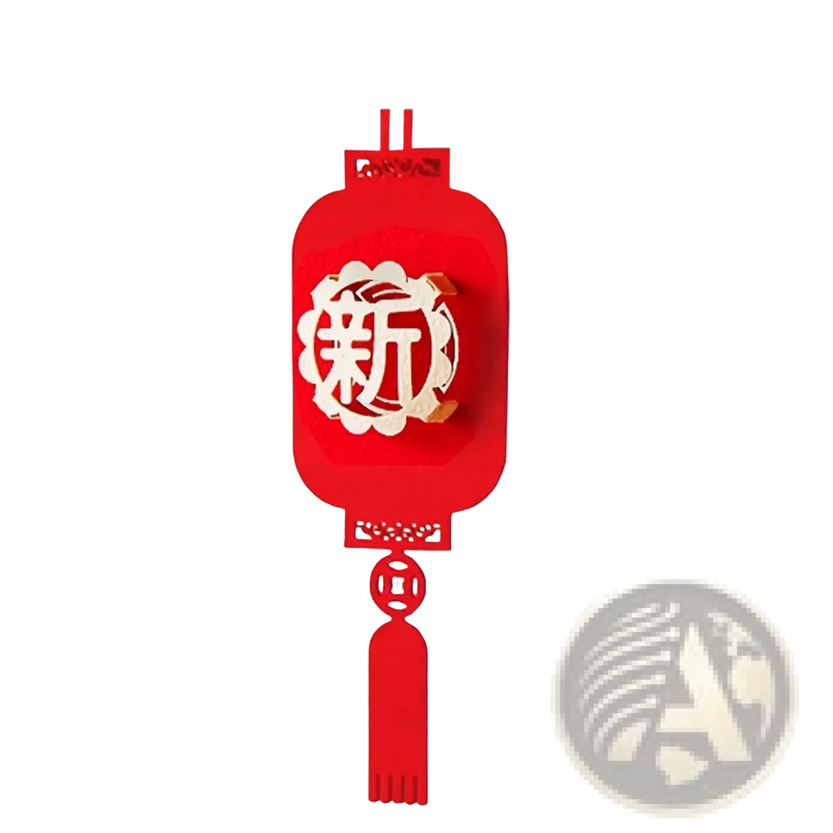 Red paper lantern with white cut-out character 新 and decorative tassel for Chinese New Year hanging pendant decor