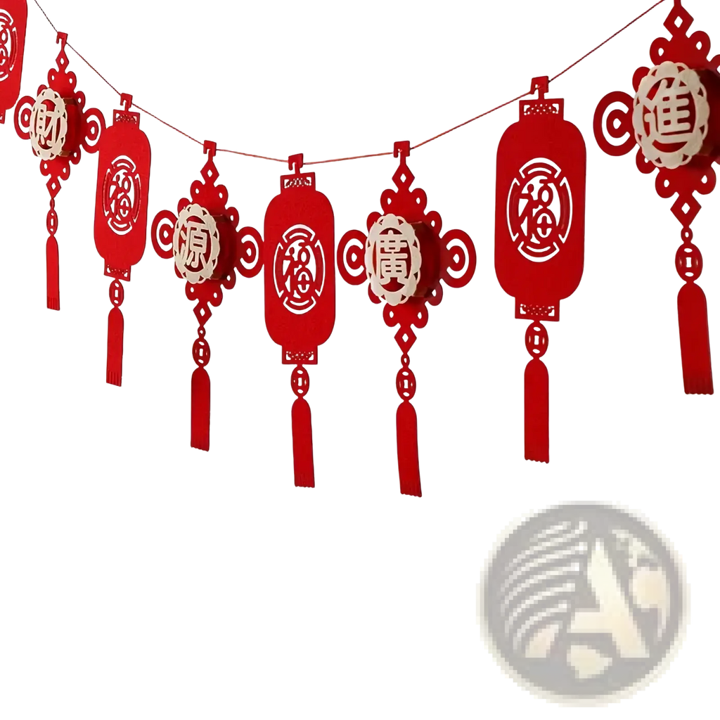 Red paper lantern garland with intricate cut-out chinese characters and tassels for chinese new year decor
