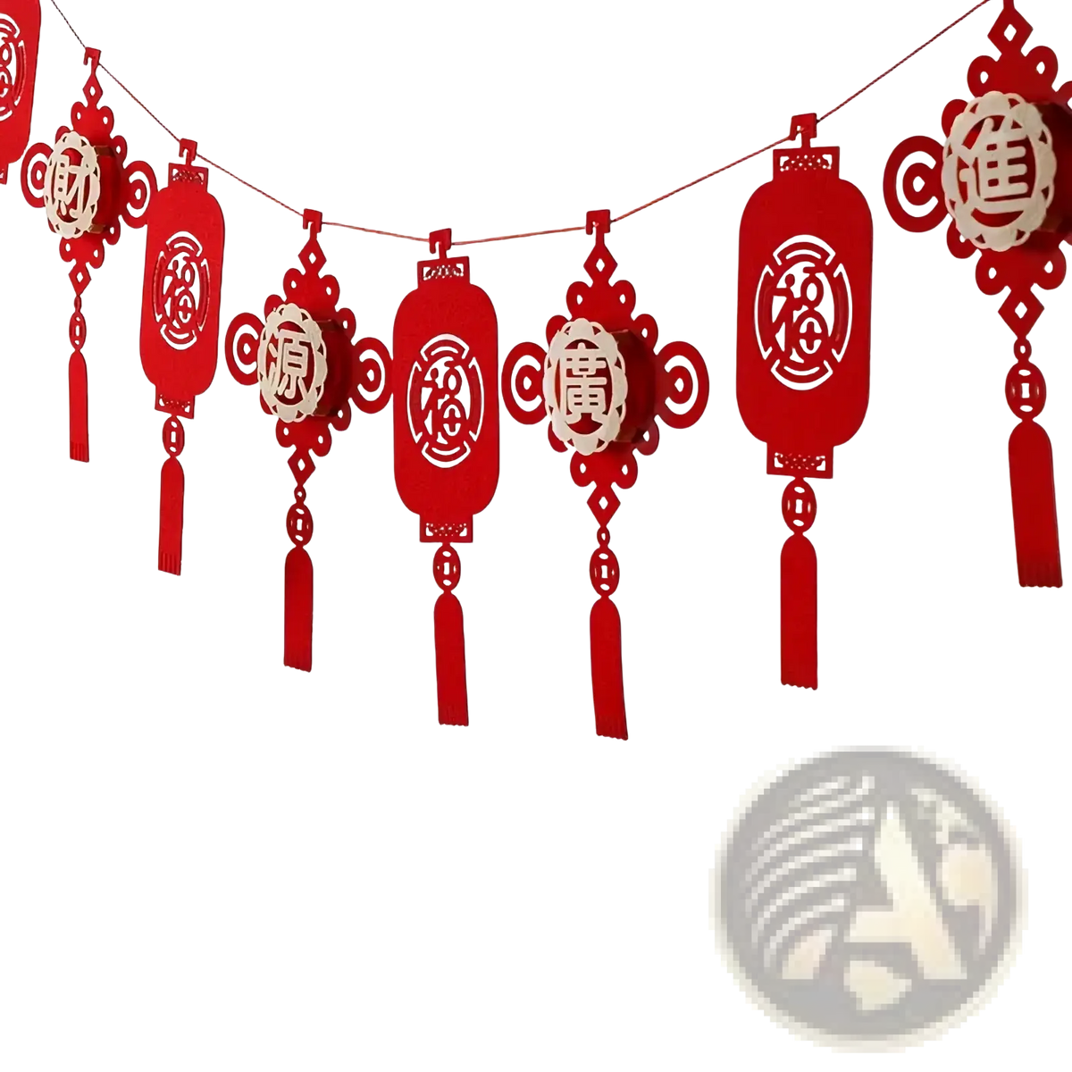 Red paper lantern garland with intricate cut-out chinese characters and tassels for chinese new year decor