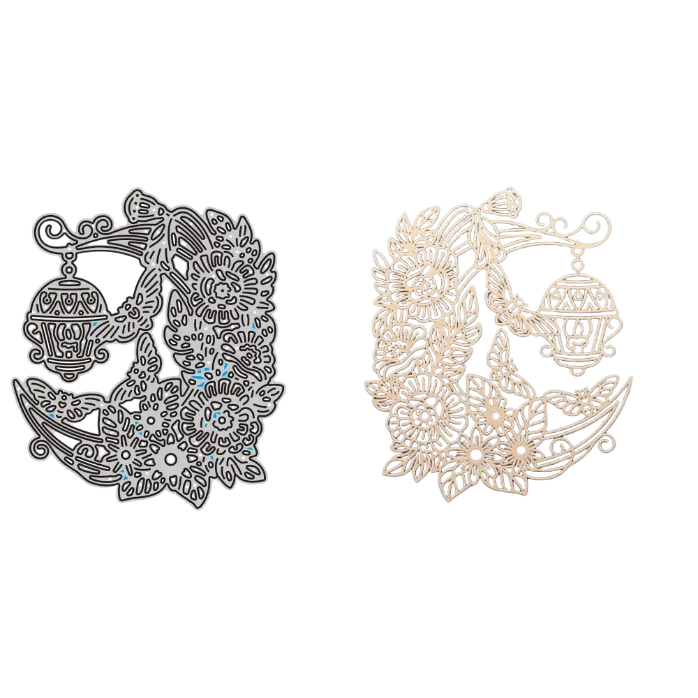 Intricate floral and lantern design metal cutting dies in metallic silver or light wood finish for chinese new year crafts