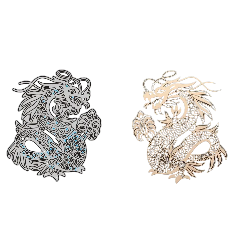 Intricate gold-toned dragon cutout metal cutting die with detailed patterns for chinese new year crafts