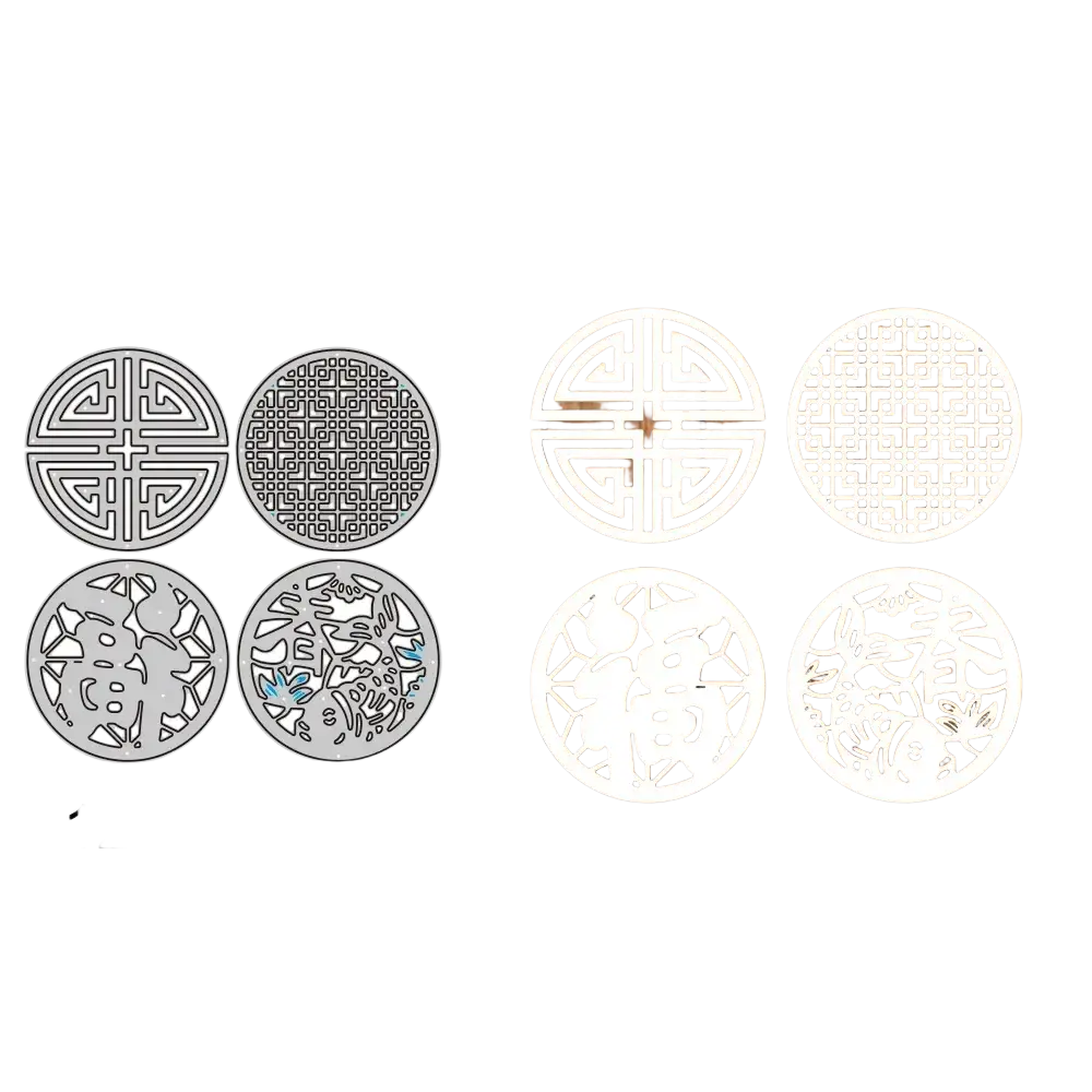 Set of four circular metal cutting dies with intricate traditional Chinese patterns and characters for Chinese New Year