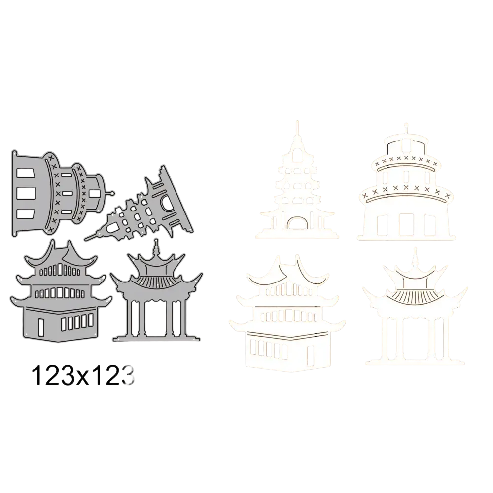 Set of four metallic gray Chinese New Year metal cutting dies with intricate pagoda and pavilion designs for crafting projects