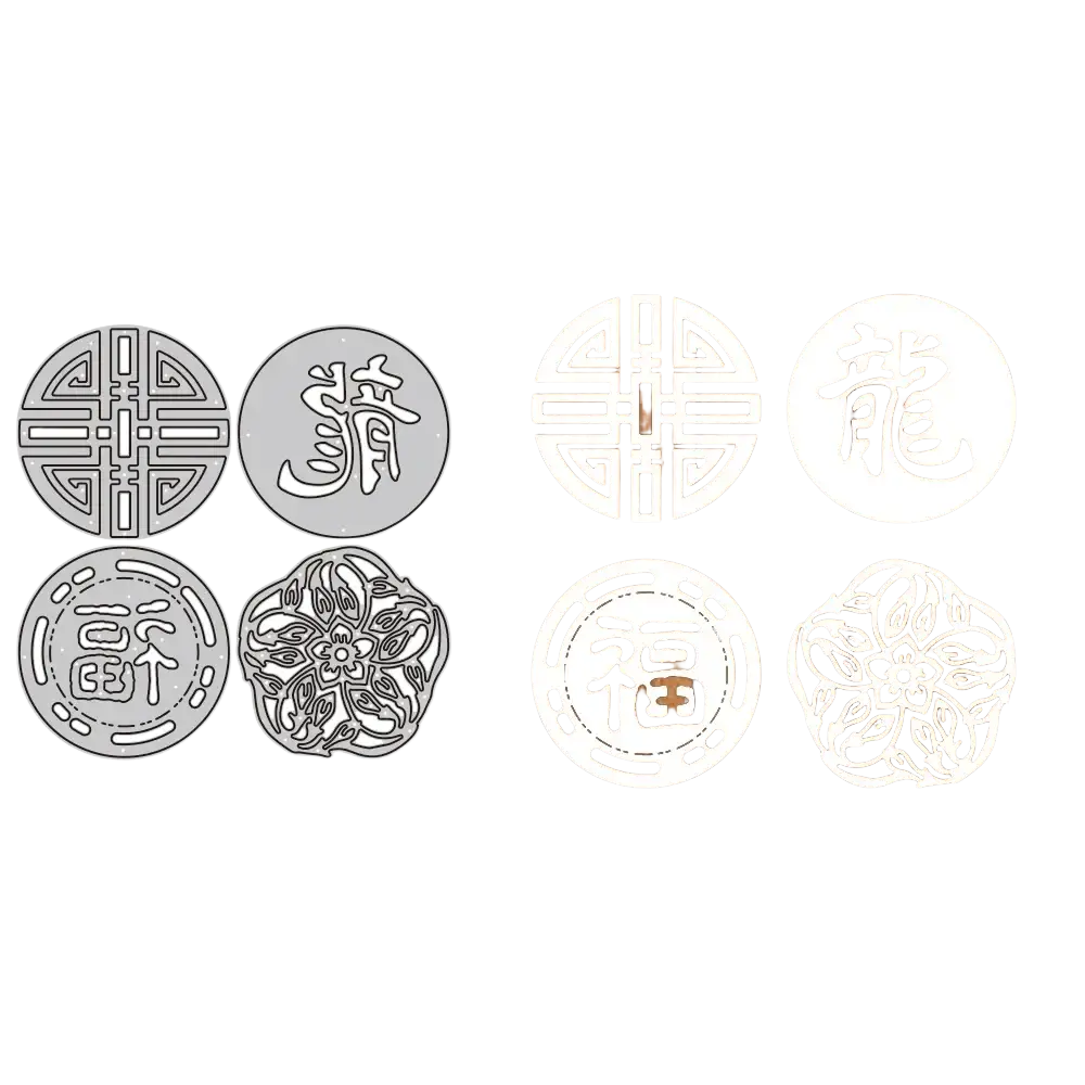Set of four silver-toned metal cutting dies with intricate chinese characters and floral traditional motifs