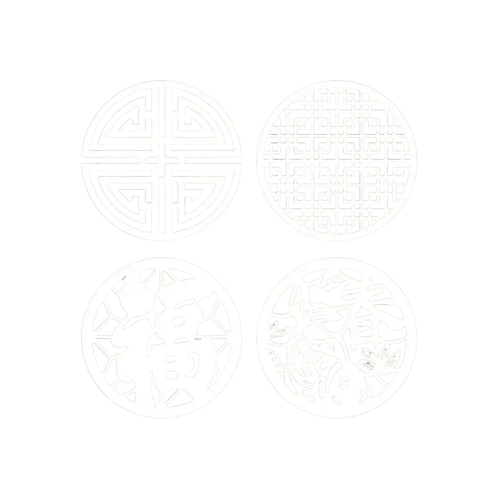 Set of four white circular metal cutting dies with intricate traditional Chinese patterns for Chinese New Year designs