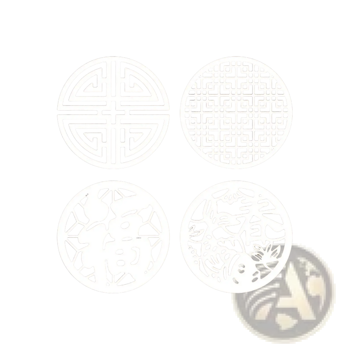 Set of four white circular metal cutting dies with intricate traditional Chinese patterns for Chinese New Year designs