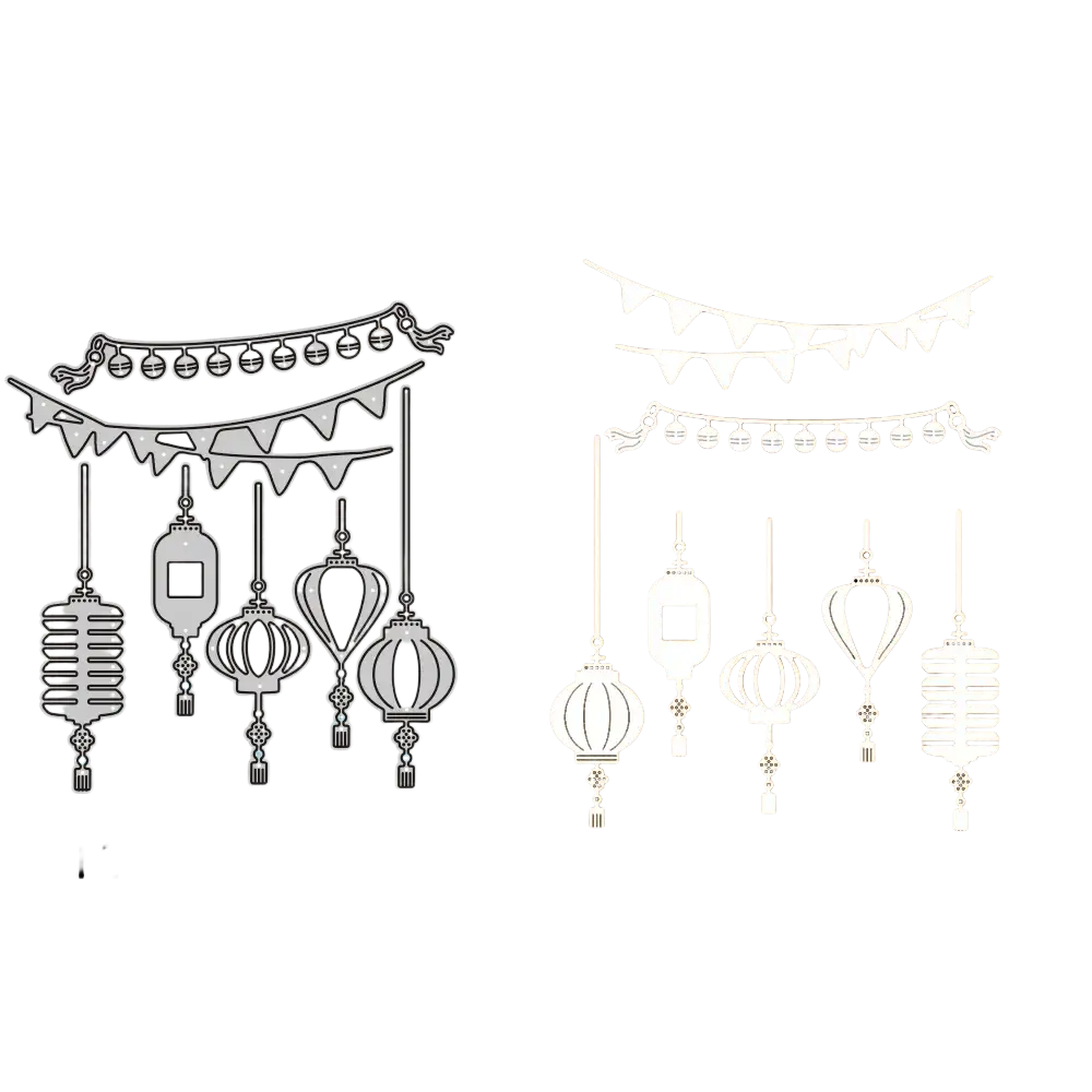 Set of intricate metallic silver Chinese lantern and bunting metal cutting dies for paper and cardstock crafting projects