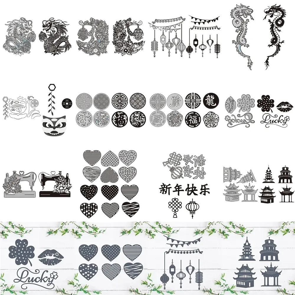 Set of intricate black and silver metal stamping dies featuring chinese dragon lanterns hearts and pagoda designs for cutting