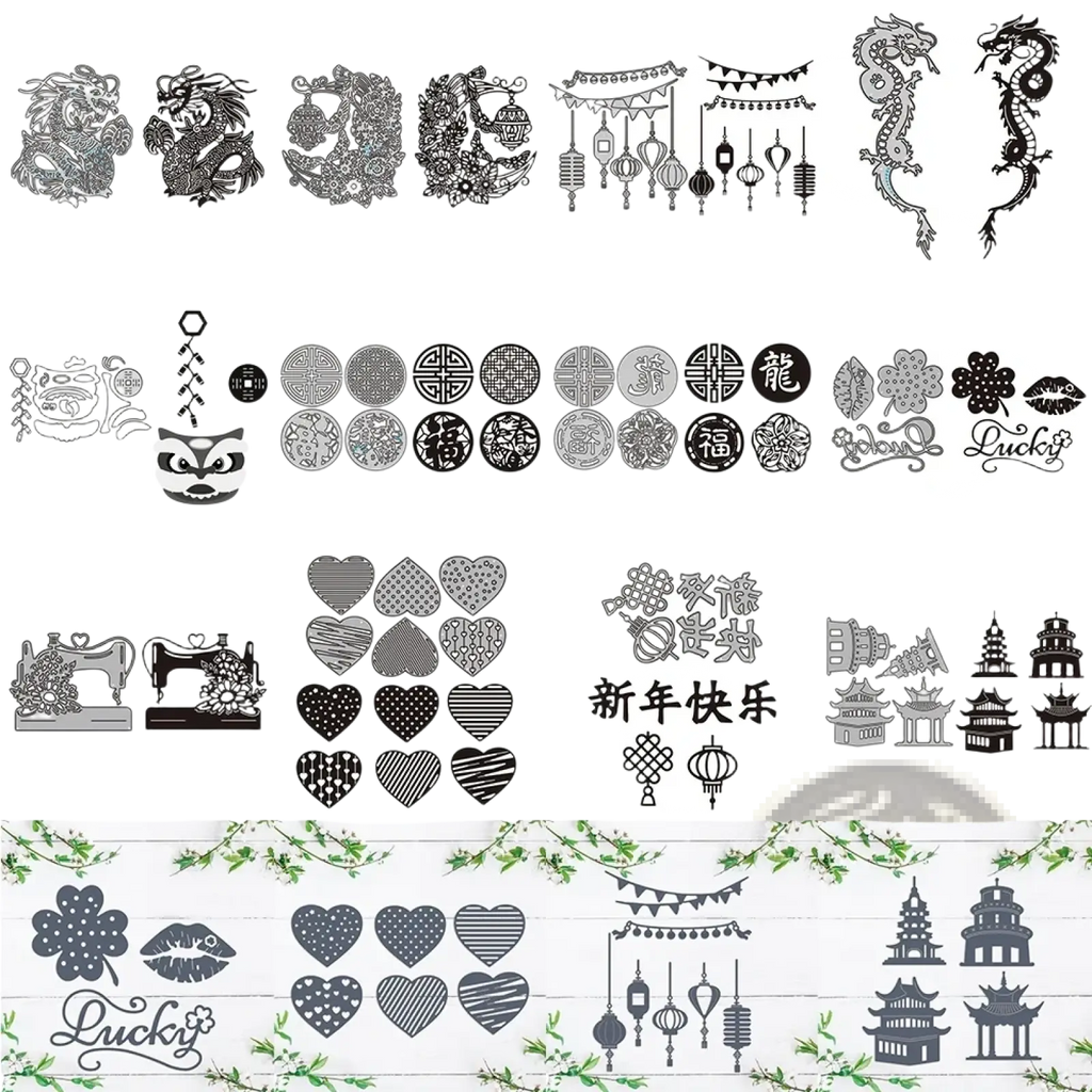 Set of intricate black and silver metal stamping dies featuring chinese dragon lanterns hearts and pagoda designs for cutting