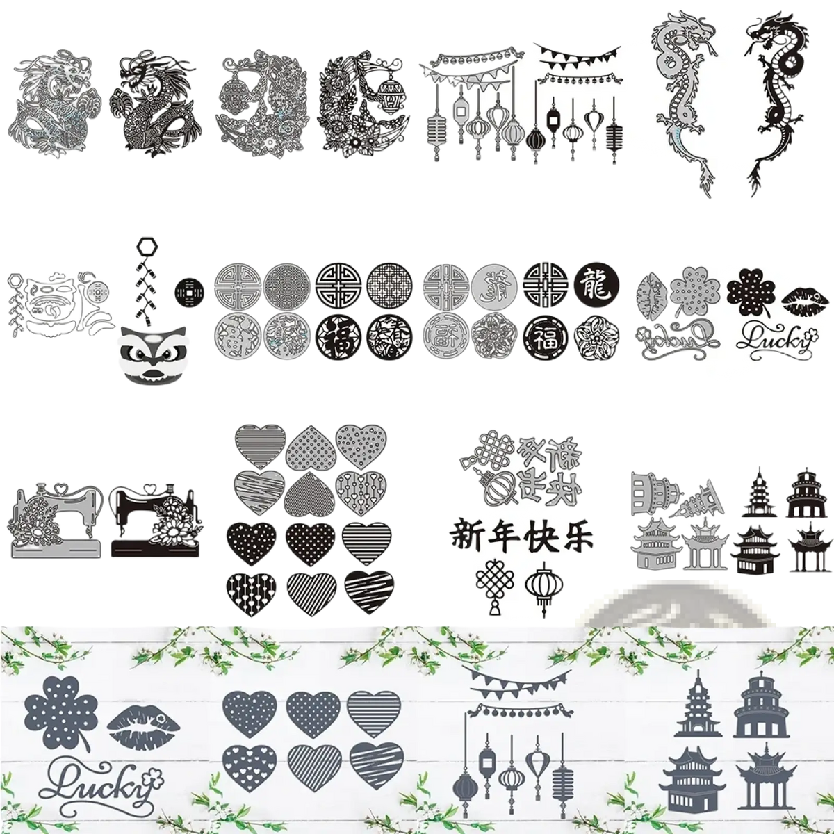 Set of intricate black and silver metal stamping dies featuring chinese dragon lanterns hearts and pagoda designs for cutting