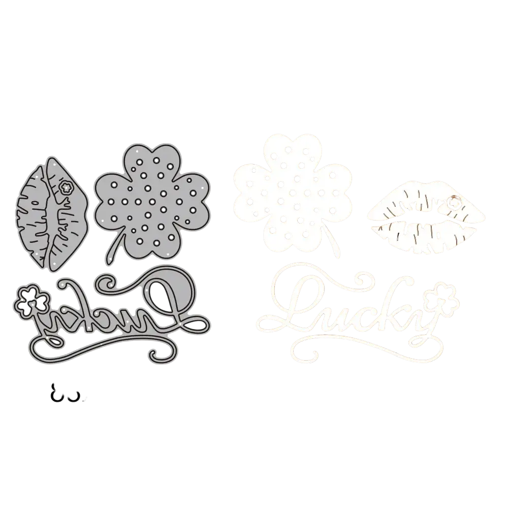 Set of silver metal cutting dies featuring lips and four-leaf clover designs for Chinese New Year crafts