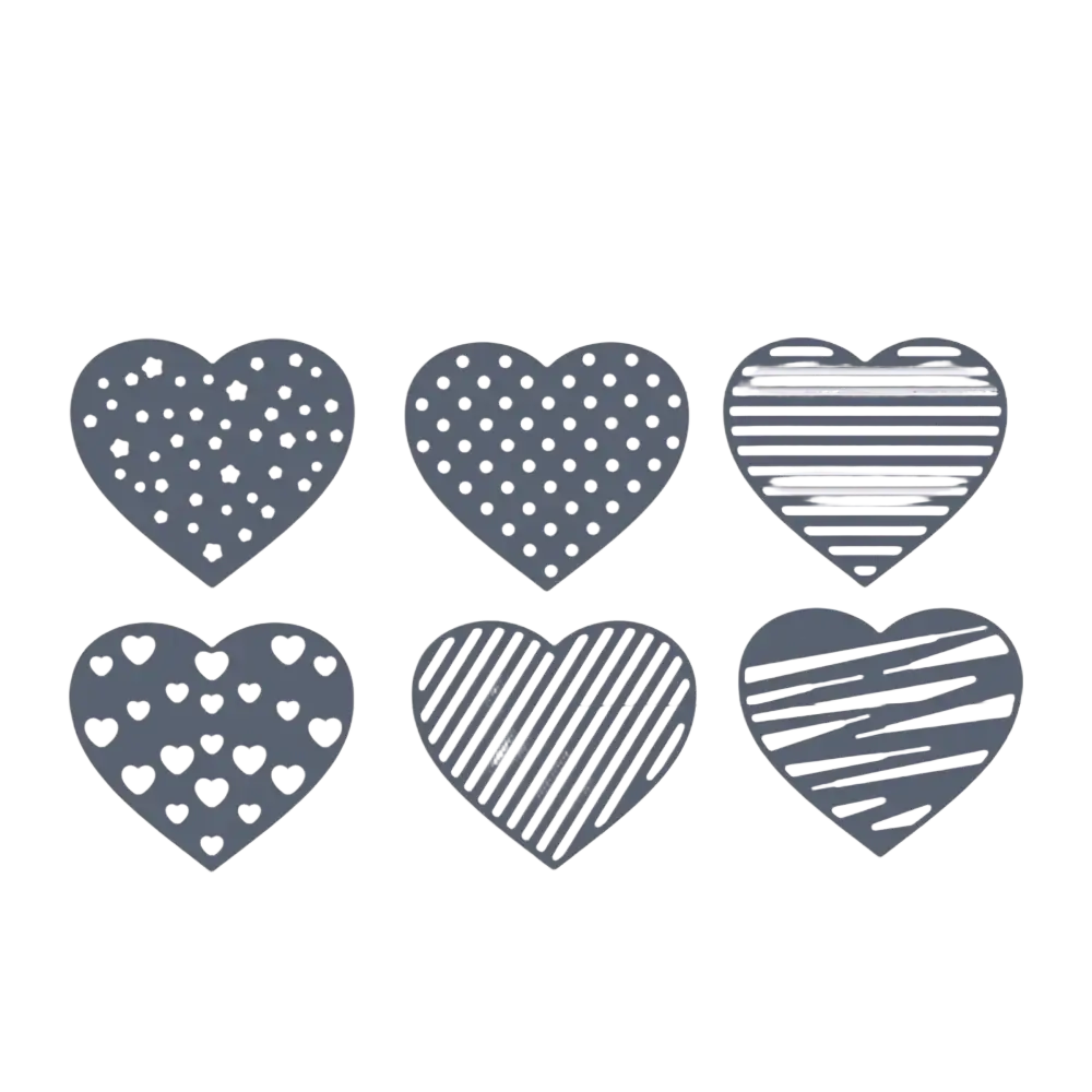 Set of six gray heart-shaped metal cutting dies with various patterns for chinese new year crafting