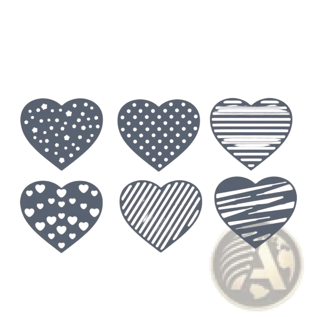 Set of six gray heart-shaped metal cutting dies with various patterns for chinese new year crafting