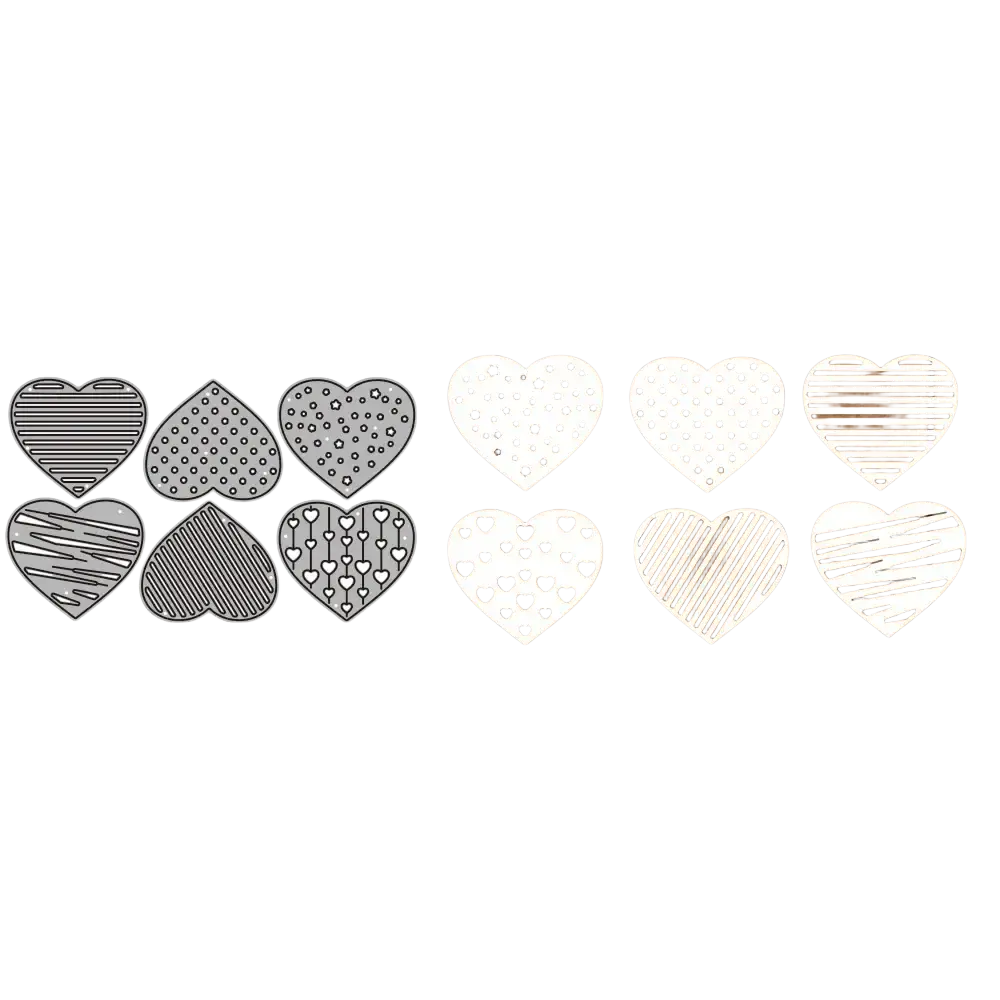 Set of six silver and white heart-shaped metal cutting dies with intricate patterns for Chinese New Year crafts