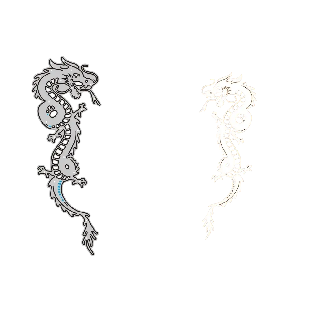 Silver metal cutting die in a dragon shape with white cutout for chinese new year crafts on wooden surface