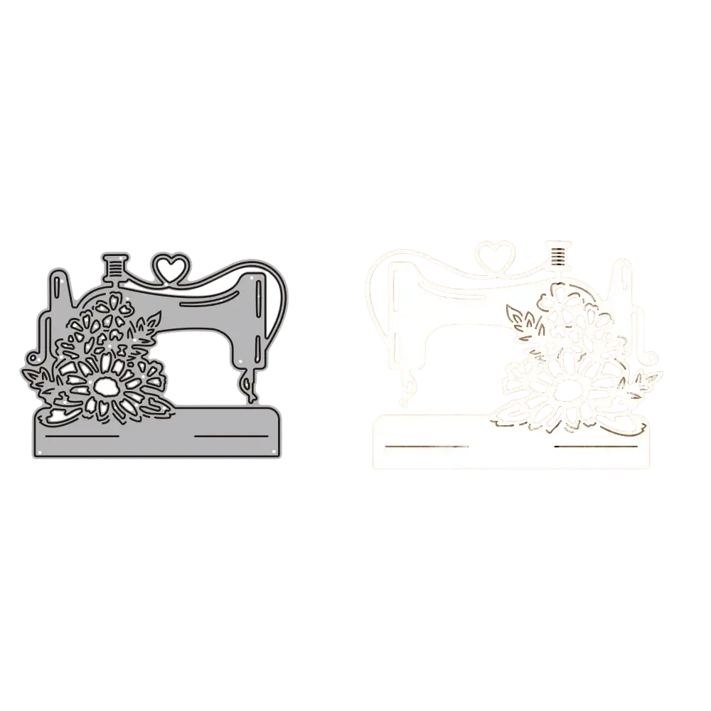 White metal cutting die of a laser-cut sewing machine silhouette with floral and heart details for Chinese New Year crafts