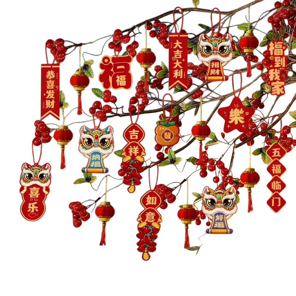 Red and gold Chinese New Year pendant set featuring lion heads lanterns and auspicious character tags hanging from a branch