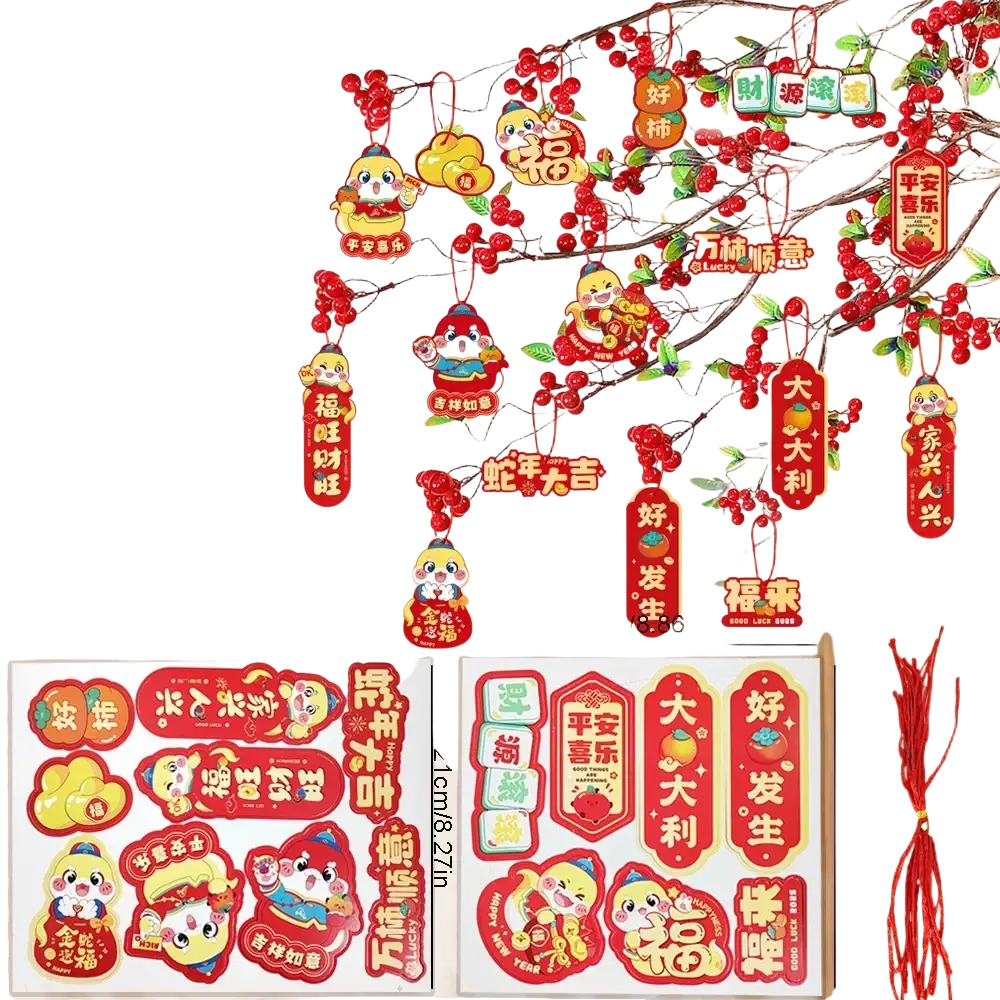 Chinese new year pendant set featuring red and gold festive decorations with cartoon characters and lucky phrases