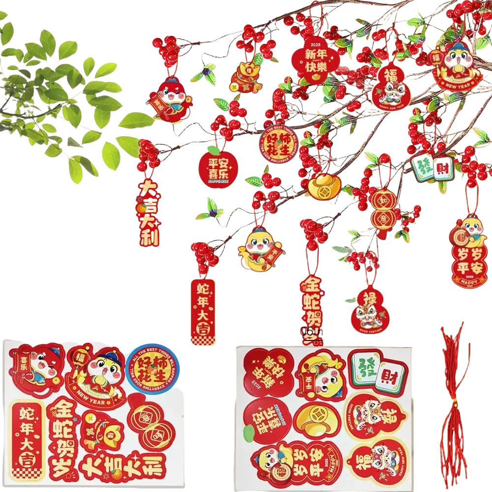 Chinese New Year pendant set with red and gold festive stickers featuring cartoon characters and lucky charms