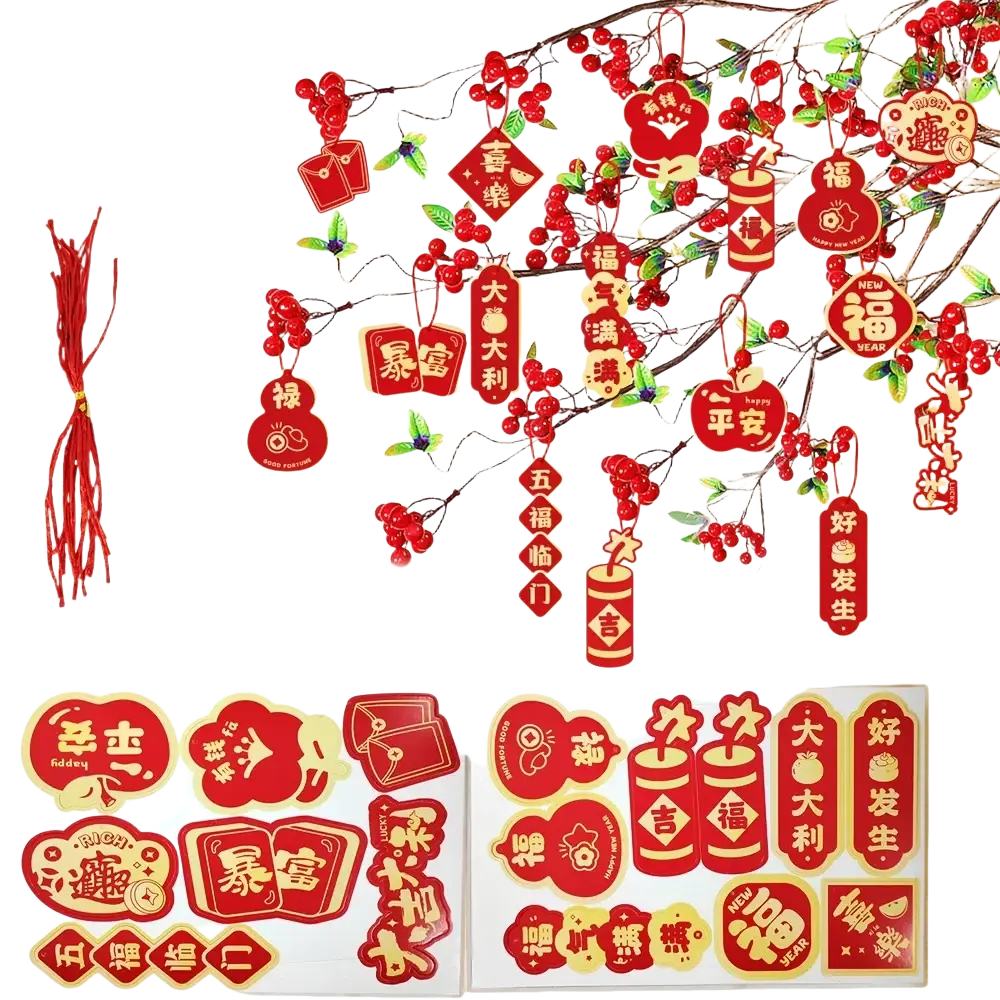 Red and gold chinese new year pendant set featuring festive characters fortune and congratulations for decoration
