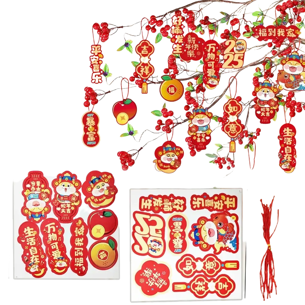 Chinese New Year pendant set in red and gold featuring festive decorations with cartoon characters and auspicious motifs