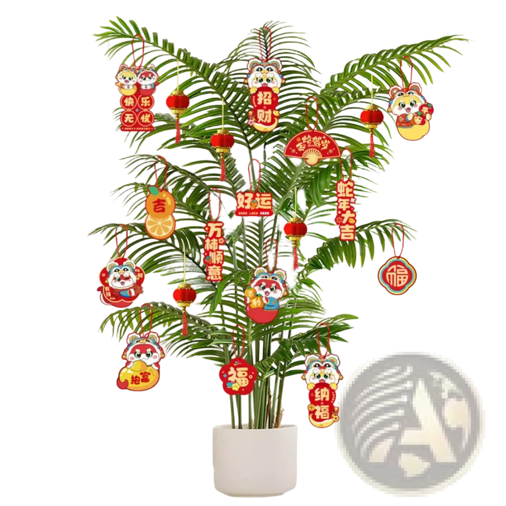 Red and gold chinese new year pendant set with cartoon panda ornaments and chinese characters hanging from a potted palm tree