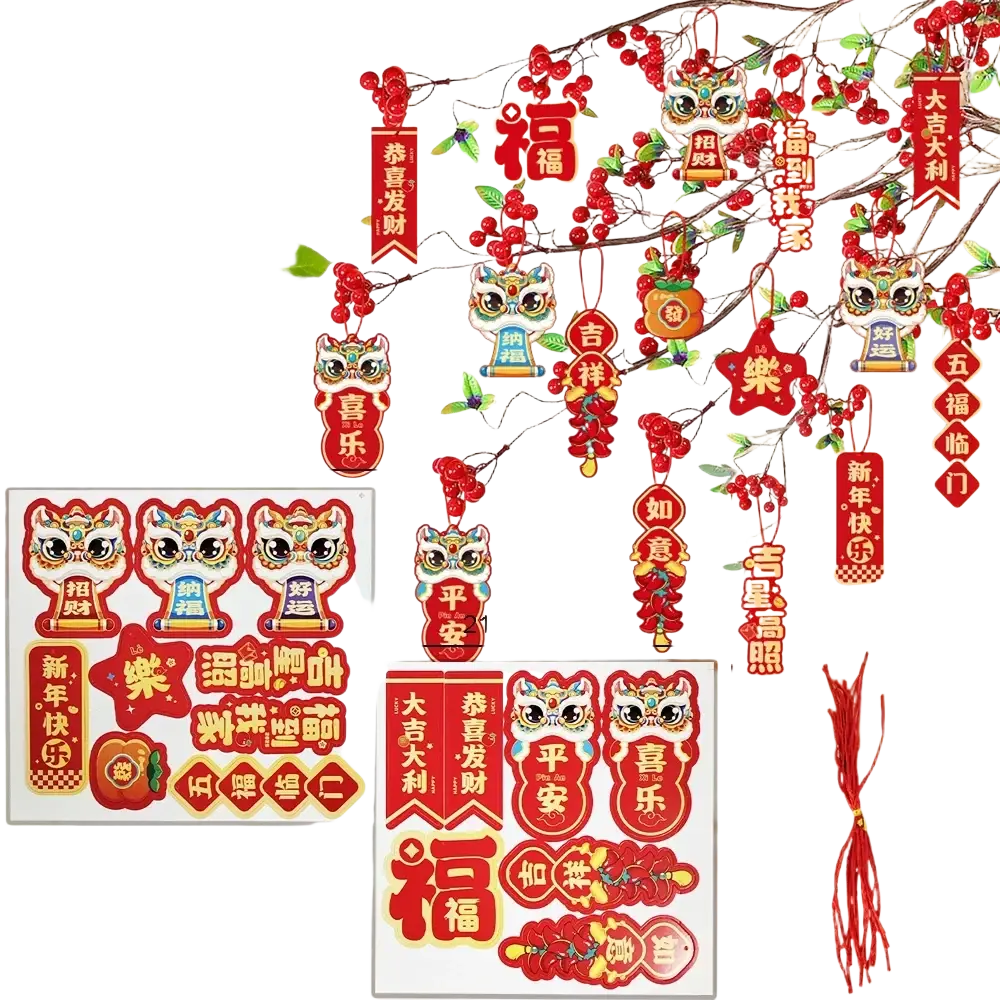 Red and gold lion dance-themed chinese new year pendant set with decorative hangings and good fortune characters