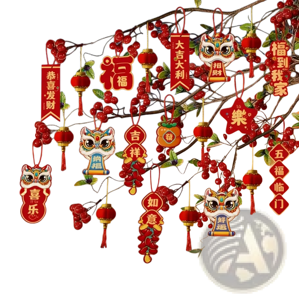 Red and gold Chinese New Year pendant set featuring lion heads lanterns and auspicious character tags hanging from a branch
