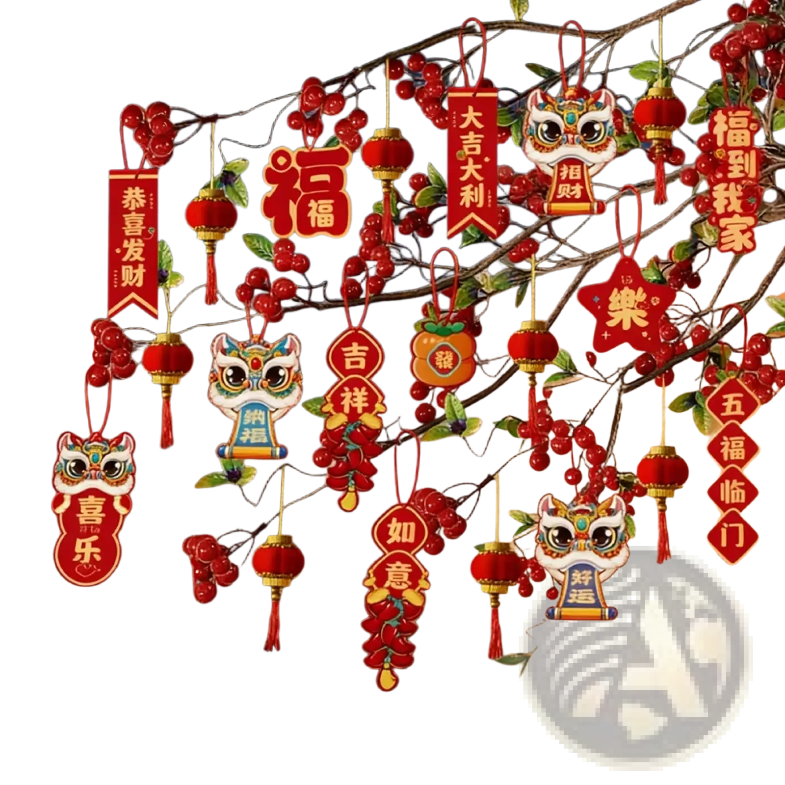 Red and gold Chinese New Year pendant set featuring lion heads lanterns and auspicious character tags hanging from a branch