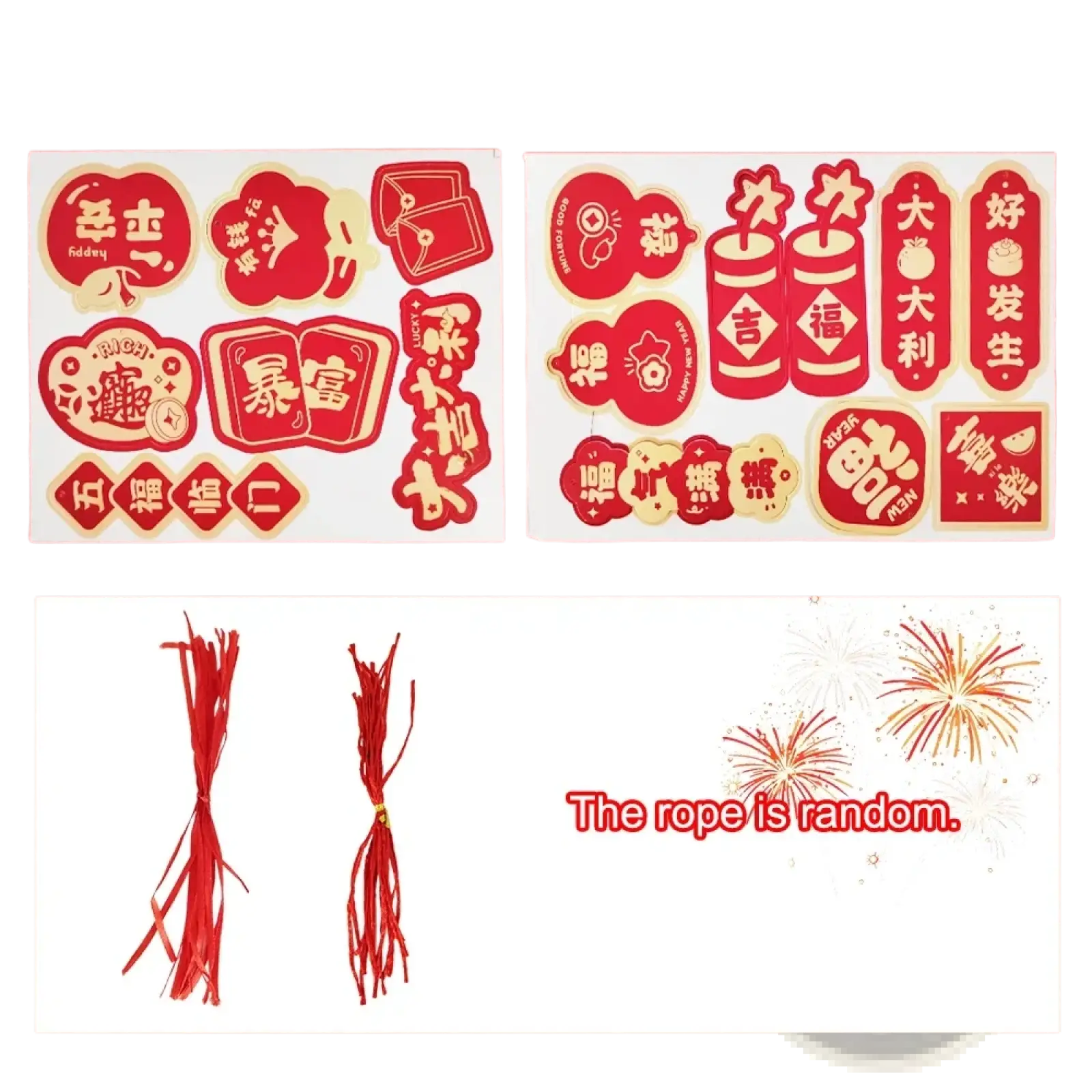 Red and gold festive paper cutouts with chinese characters and red decorative rope for chinese new year pendant set