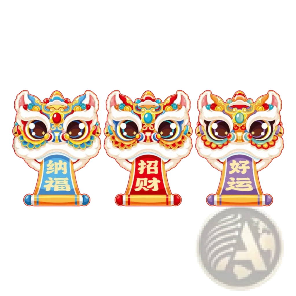 Three colorful cartoon-style embroidered lion head pendants with chinese characters on scrolls for festive decoration
