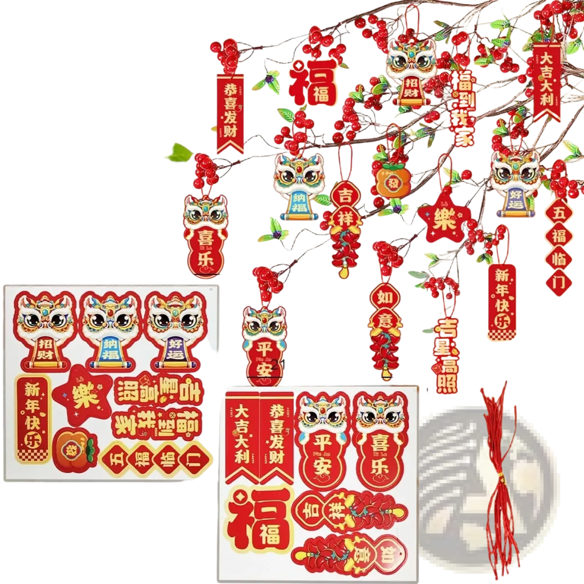 Red and gold lion dance-themed chinese new year pendant set with decorative hangings and good fortune characters