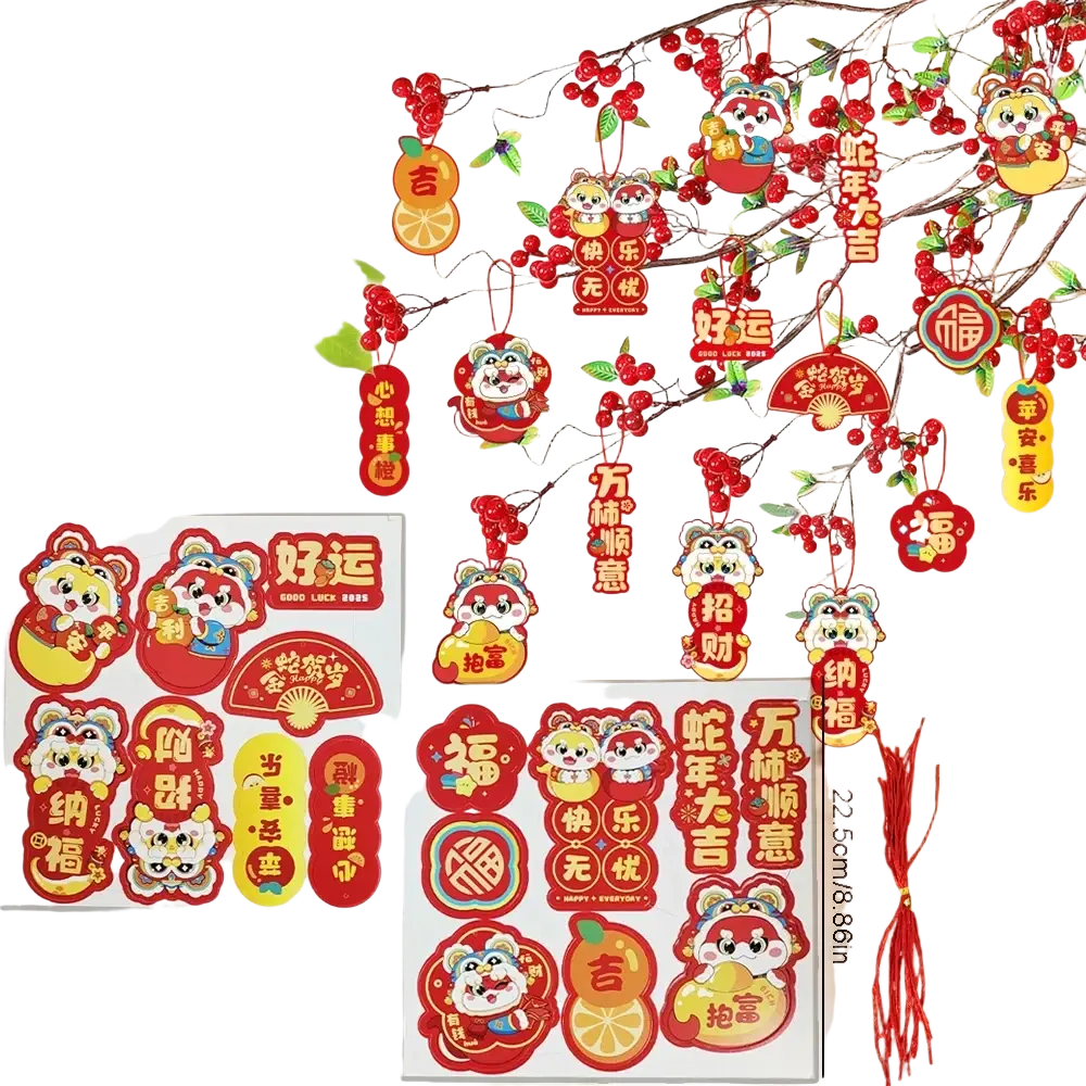 Red and yellow tiger-themed cartoon decorative hanging ornaments with chinese characters for chinese new year celebration